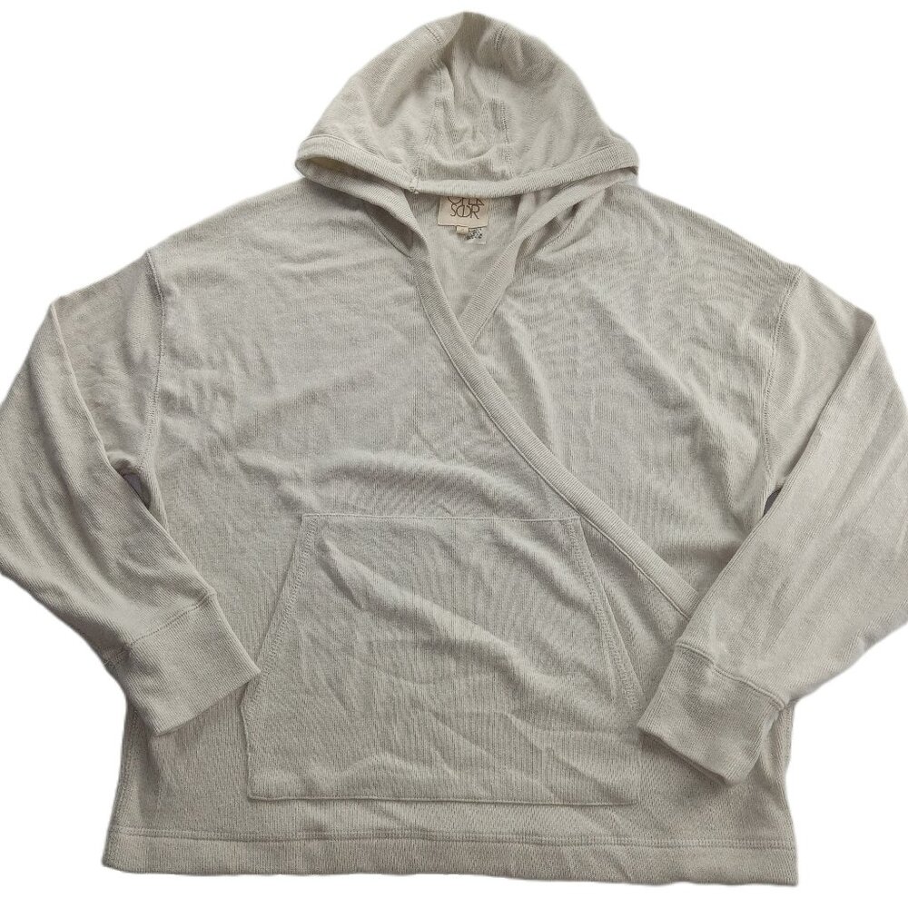 Chaser Women's Faux Wrap Front Knit Hoodie Sweatshirt Size Small Cream Pocket